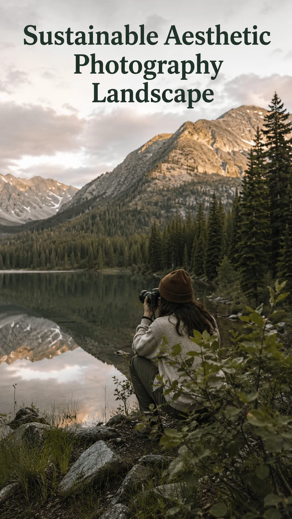 Photographer capturing a sustainable aesthetic mountain landscape beside a calm reflective lake surrounded by evergreen forest