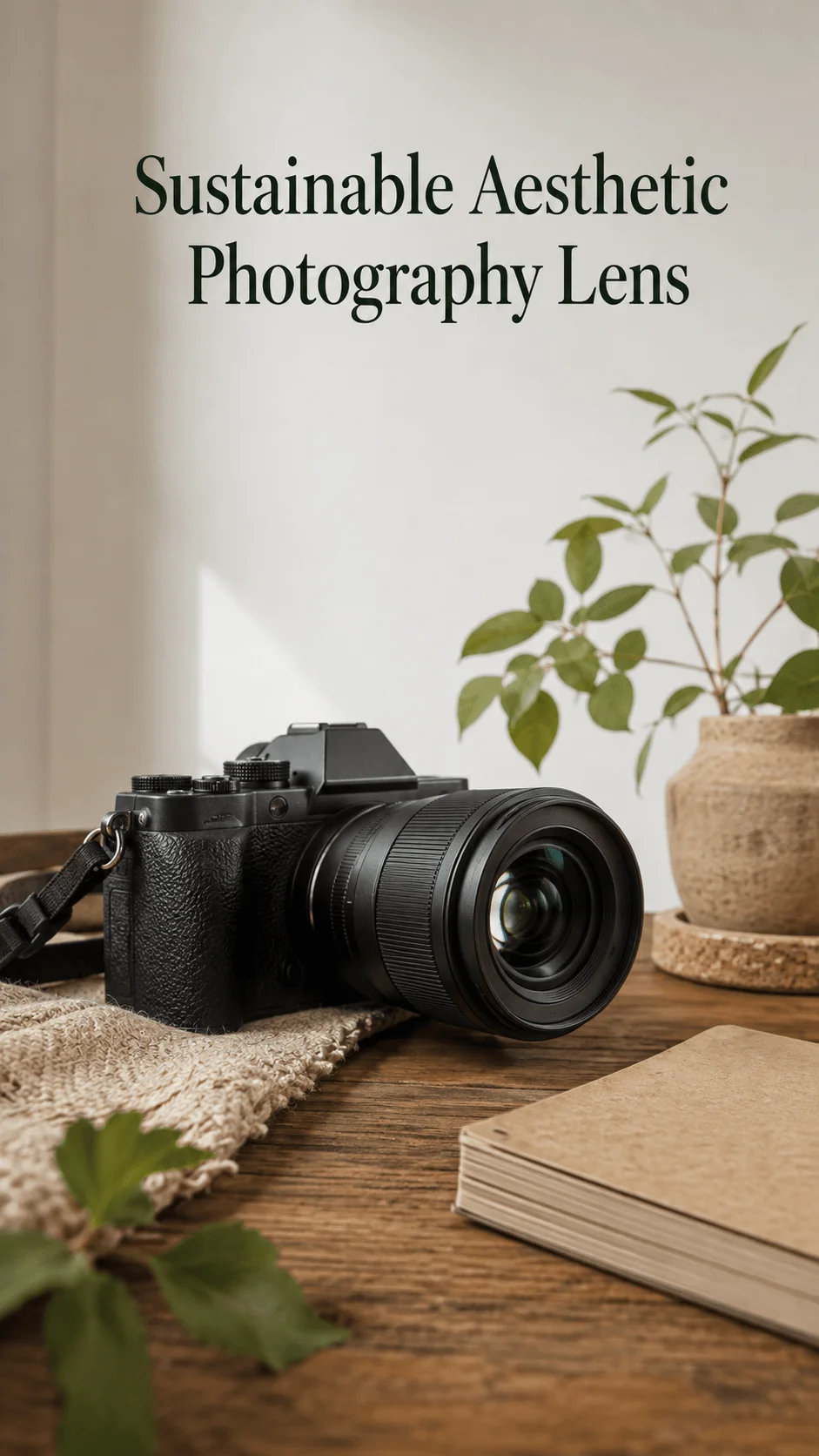 Black camera with a large lens on a rustic wooden table beside a green plant and recycled paper notebook under soft natural light