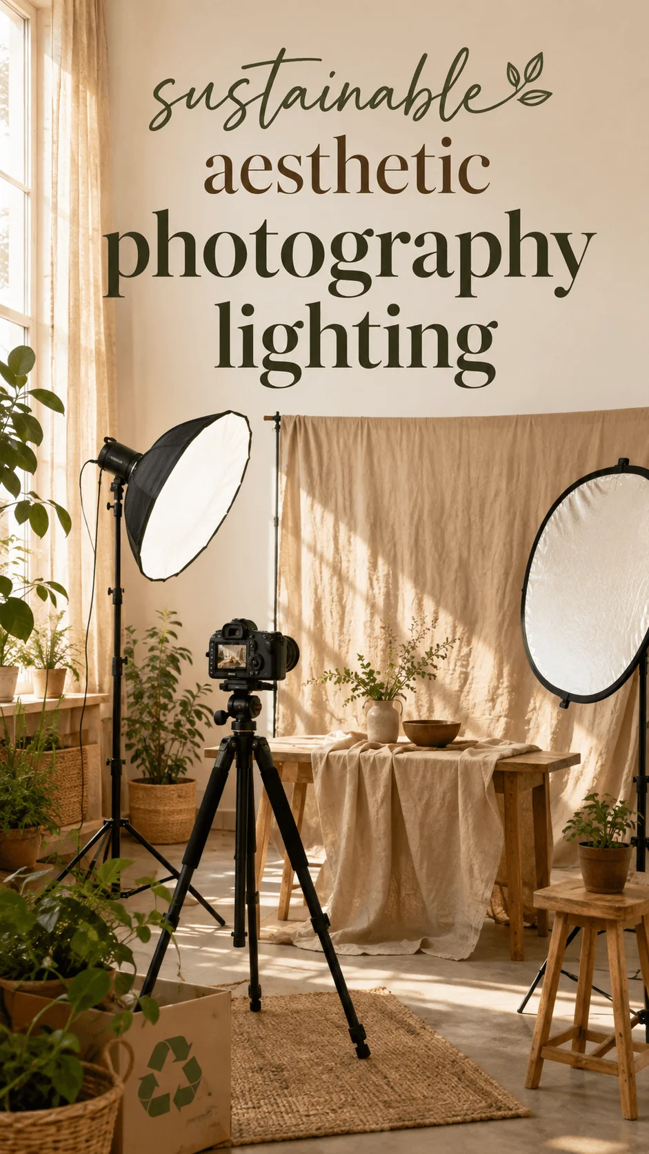 Sustainable aesthetic photography lighting setup with camera tripod softbox reflector natural sunlight indoor plants wooden furniture and neutral fabrics