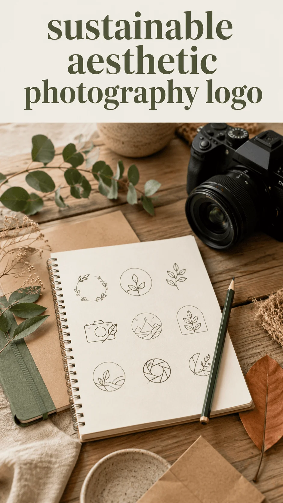 Sustainable aesthetic photography logo sketches beside a camera, green leaves, recycled notebooks, and natural materials on a rustic wooden table