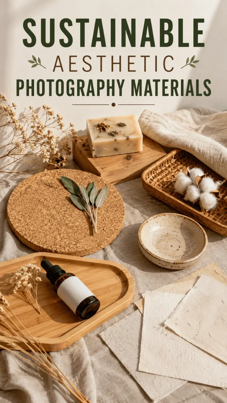 Sustainable aesthetic photography materials arranged with natural props including cork board bamboo tray handmade paper ceramic bowl dried flowers cotton and skincare bottle on a soft fabric background