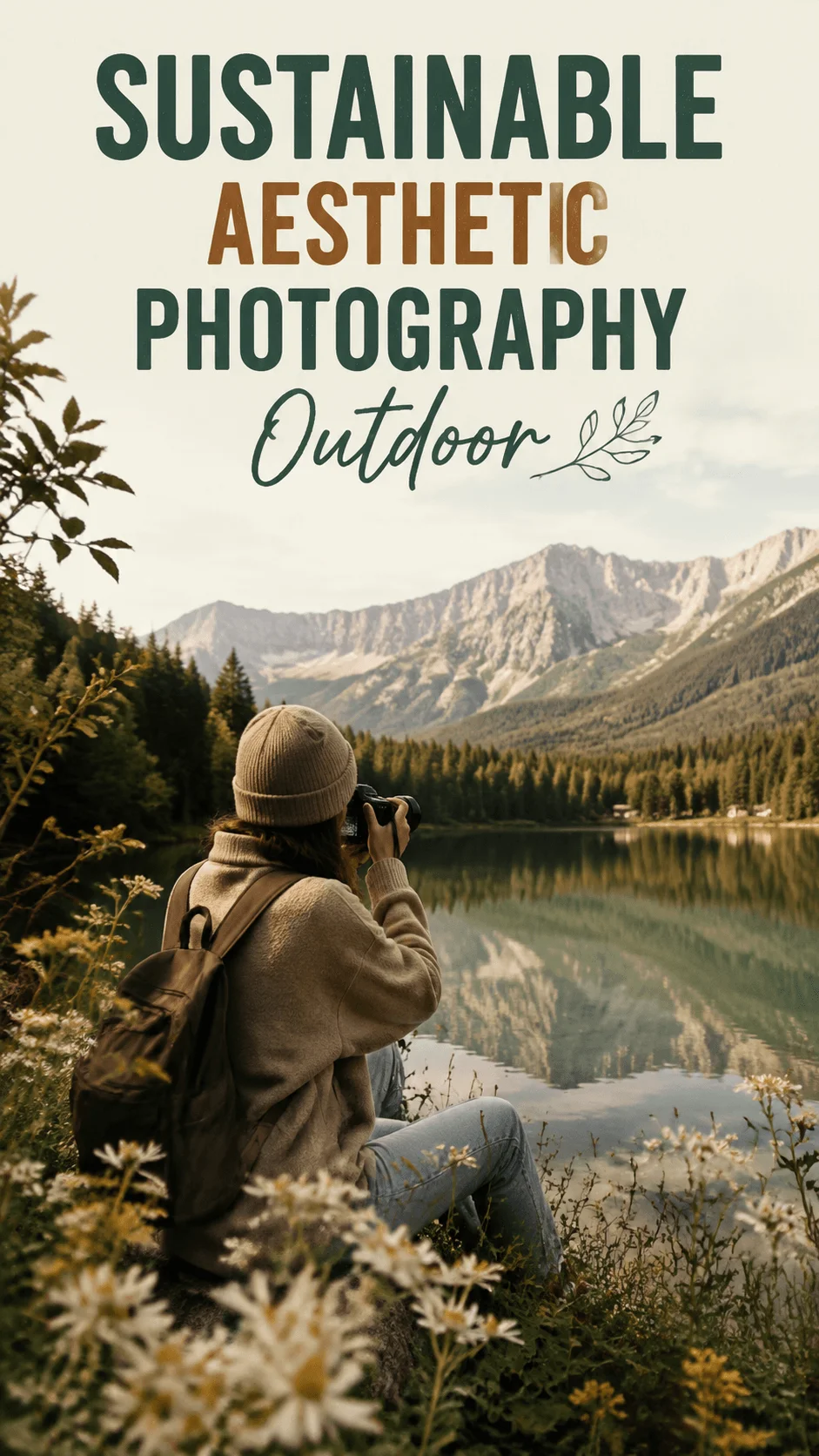 Sustainable aesthetic outdoor photography of a photographer sitting beside a mountain lake surrounded by wildflowers and pine forests