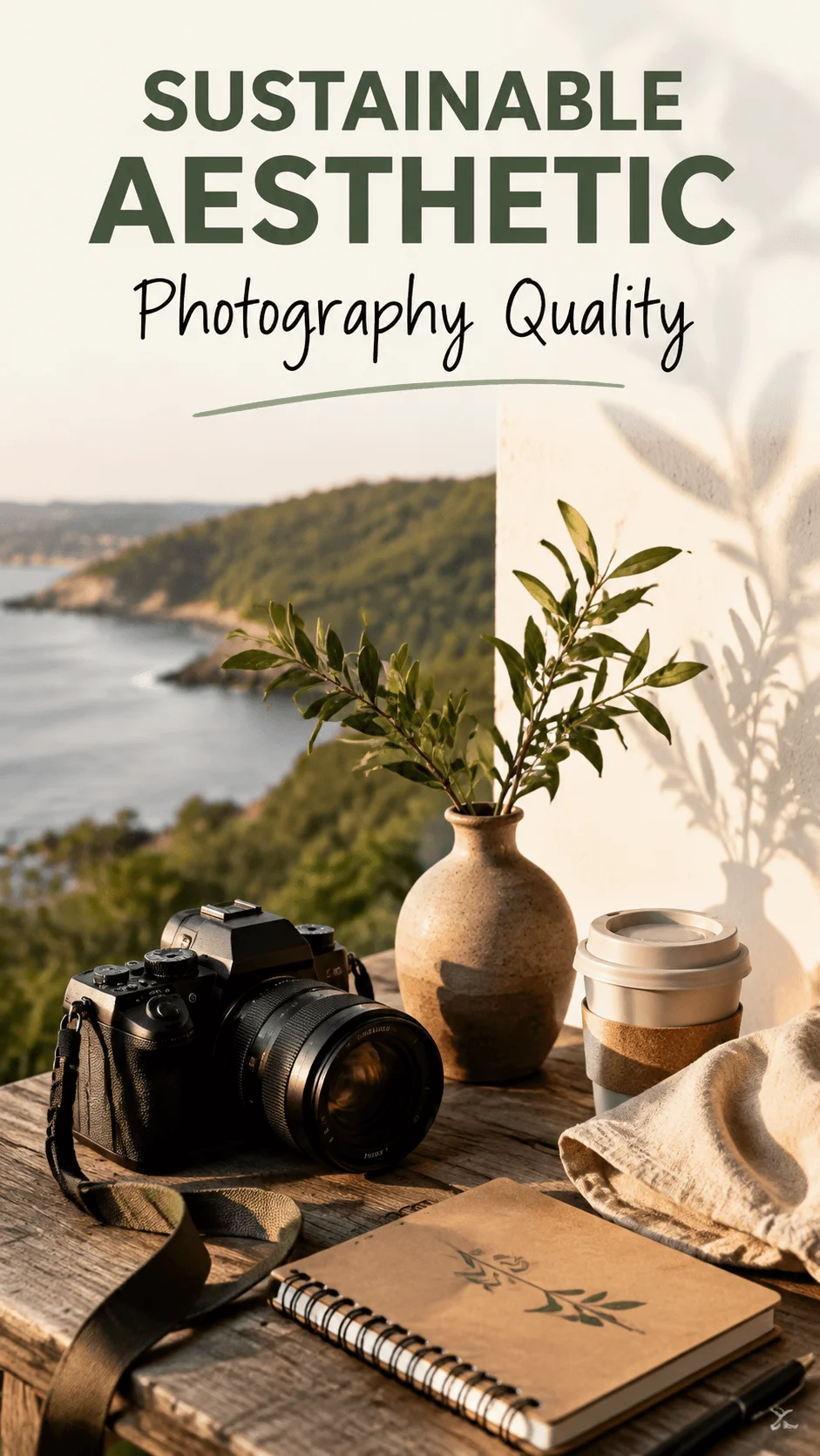 Sustainable aesthetic photography setup with a camera, ceramic vase, reusable coffee cup and notebook on a rustic table overlooking a sunlit coastal landscape