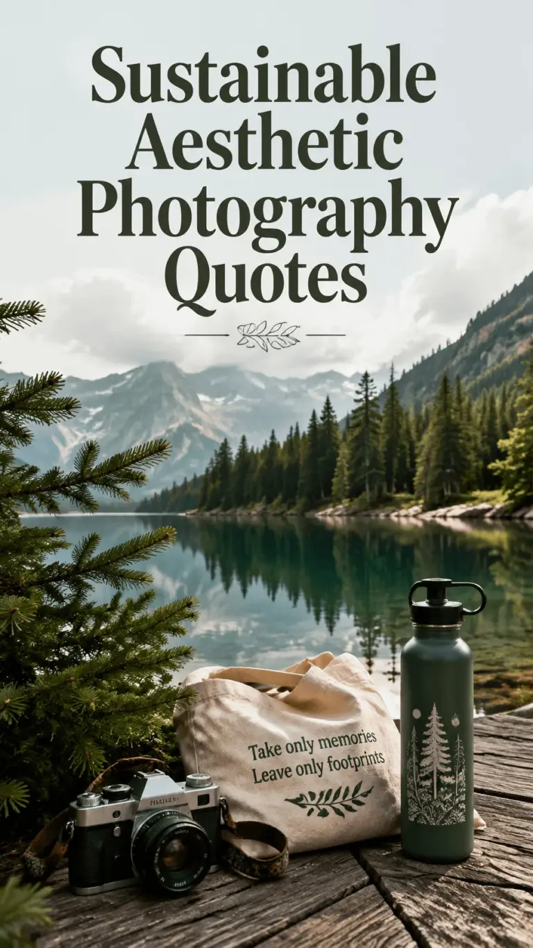 Sustainable aesthetic photography quotes over a peaceful mountain lake scene with a vintage camera reusable tote bag and green water bottle on a wooden dock
