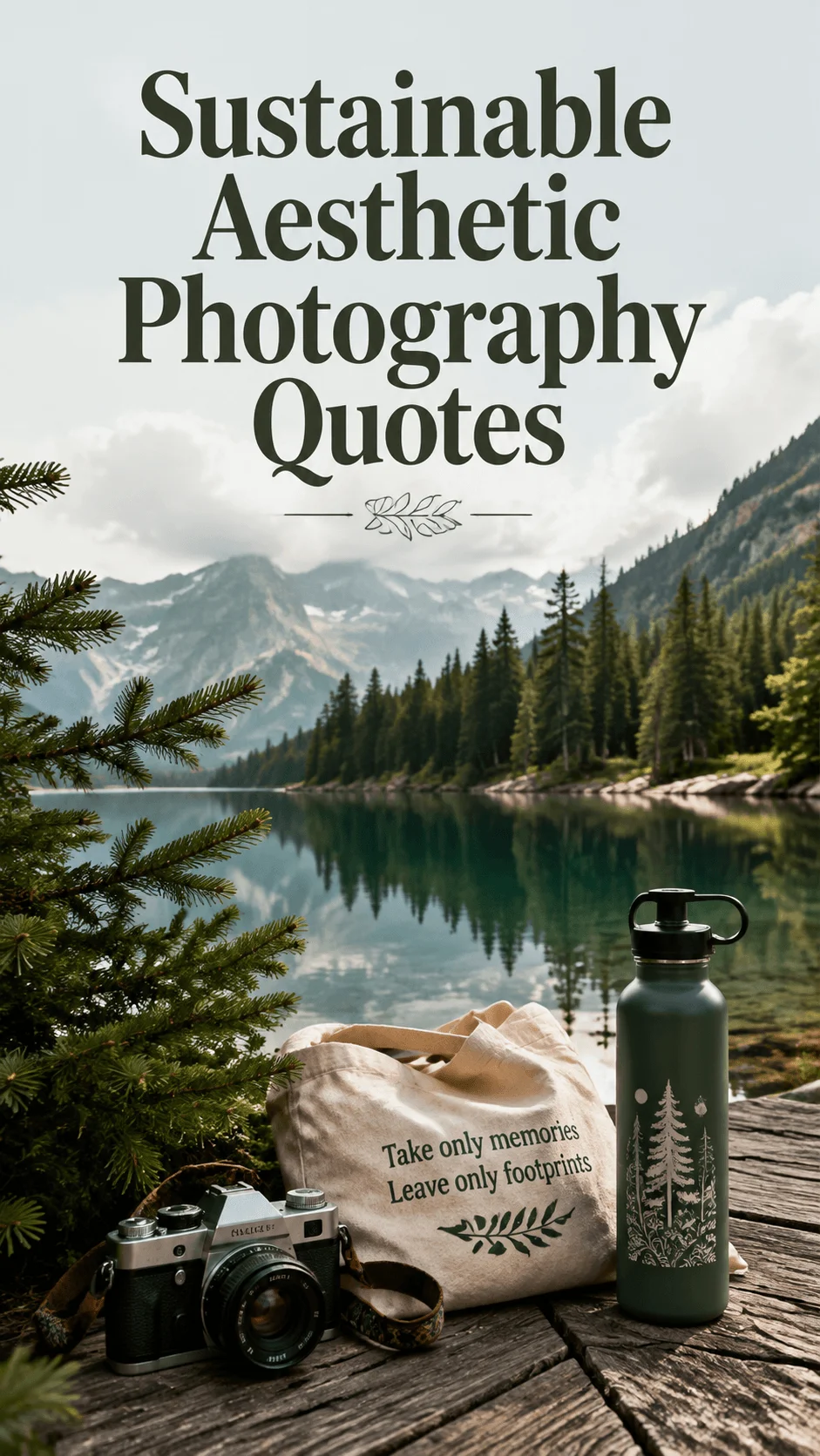 Sustainable aesthetic photography quotes over a peaceful mountain lake scene with a vintage camera reusable tote bag and green water bottle on a wooden dock