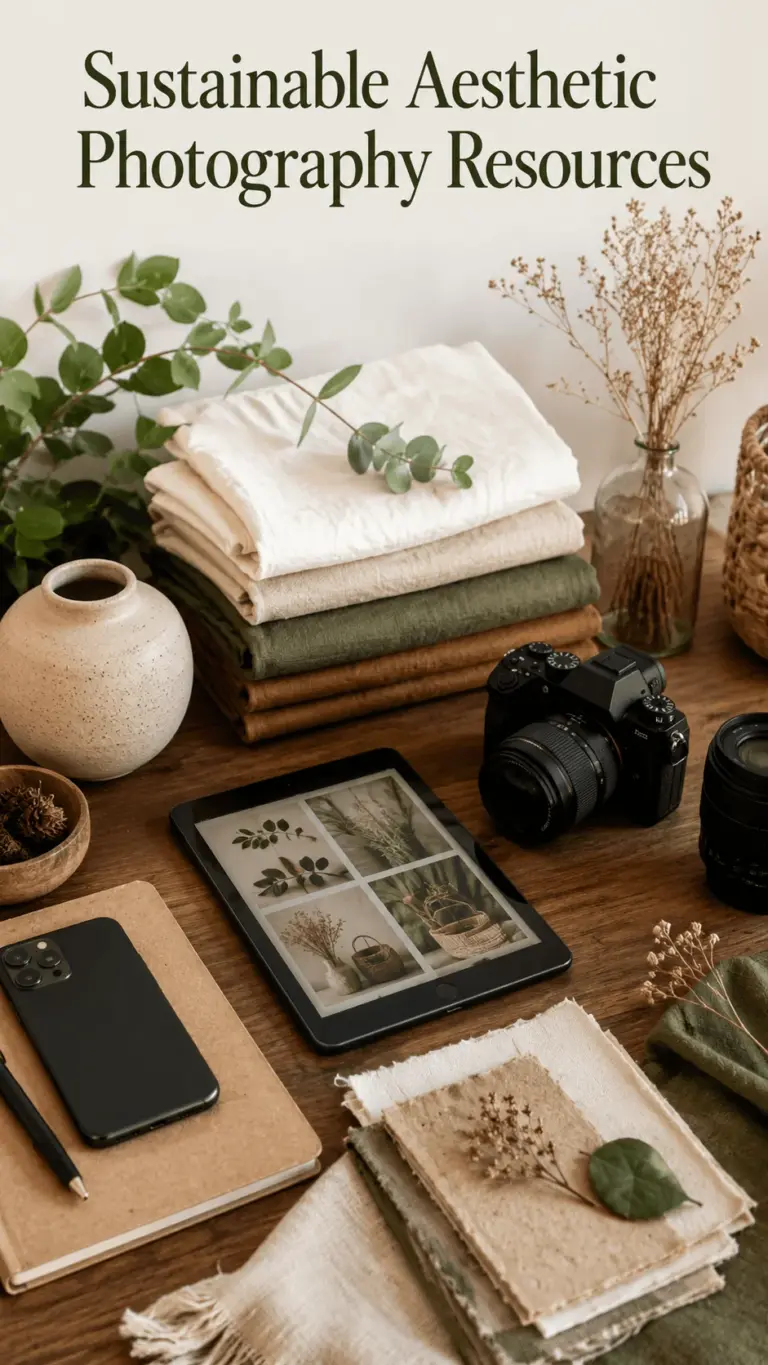Sustainable aesthetic photography workspace with camera, smartphone, tablet, natural fabrics, dried flowers, greenery and eco friendly styling