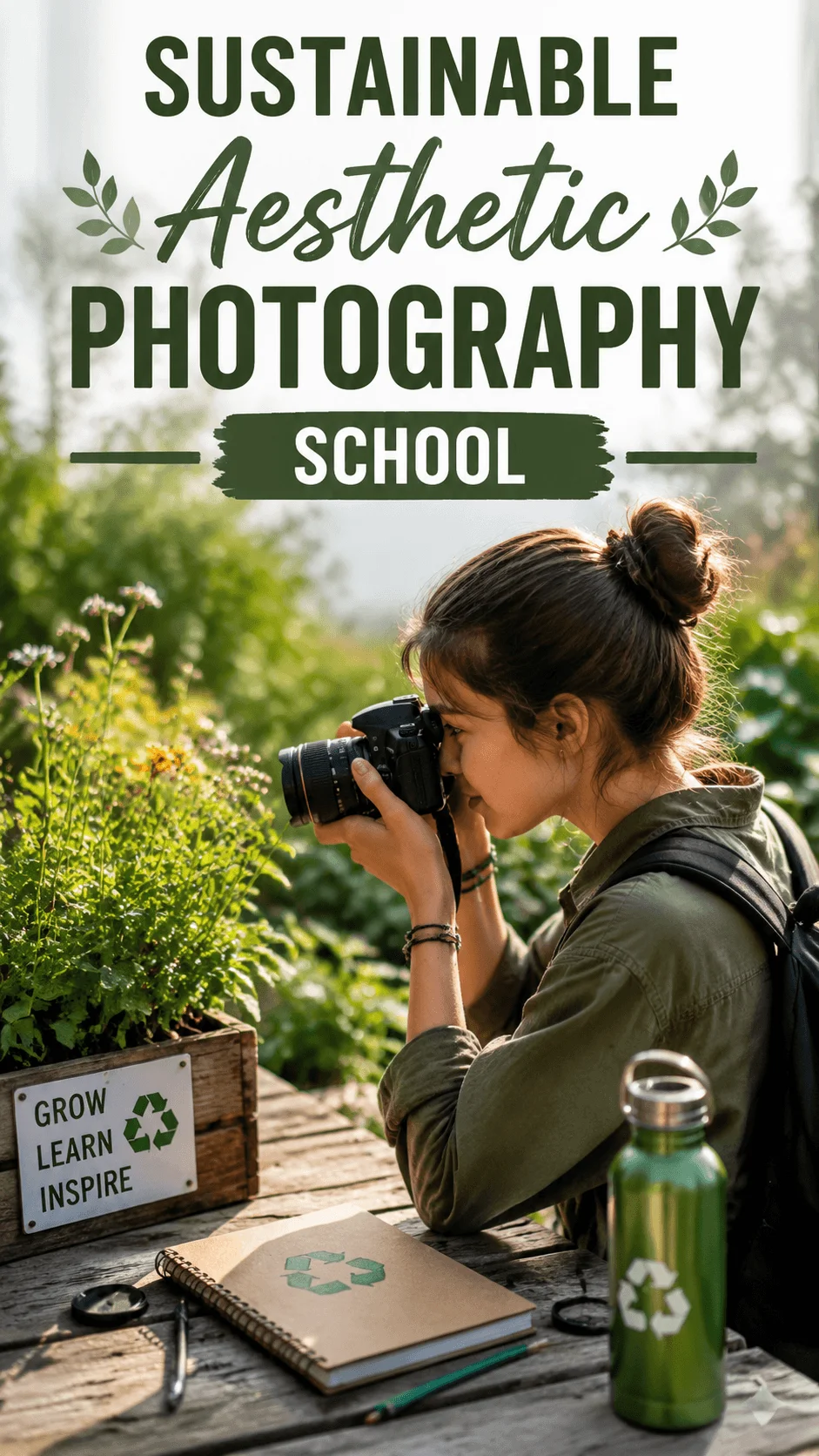 Student photographing plants in a sustainable school garden with a reusable bottle and recycled notebook