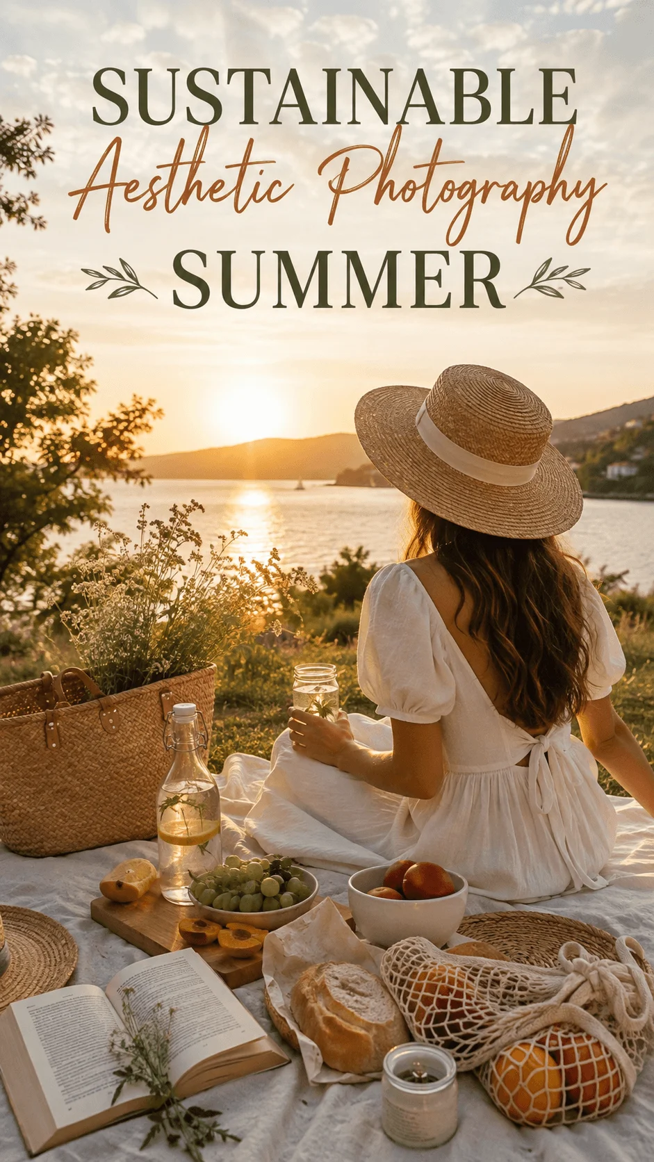 Sustainable aesthetic summer picnic by the lake at sunset with a woman in a white dress, reusable glass bottles, fresh fruit, bread, books, and eco friendly woven accessories.