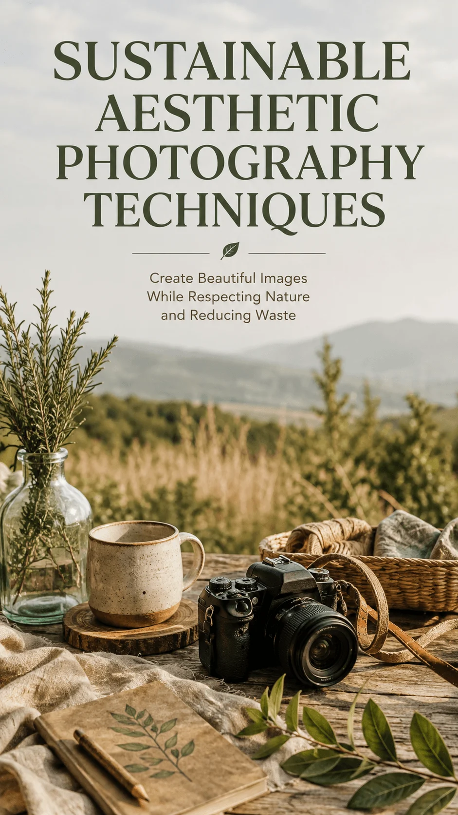 Sustainable aesthetic photography setup with camera, ceramic mug, glass vase, natural greenery, reusable materials, and rustic wooden table in a peaceful outdoor landscape.