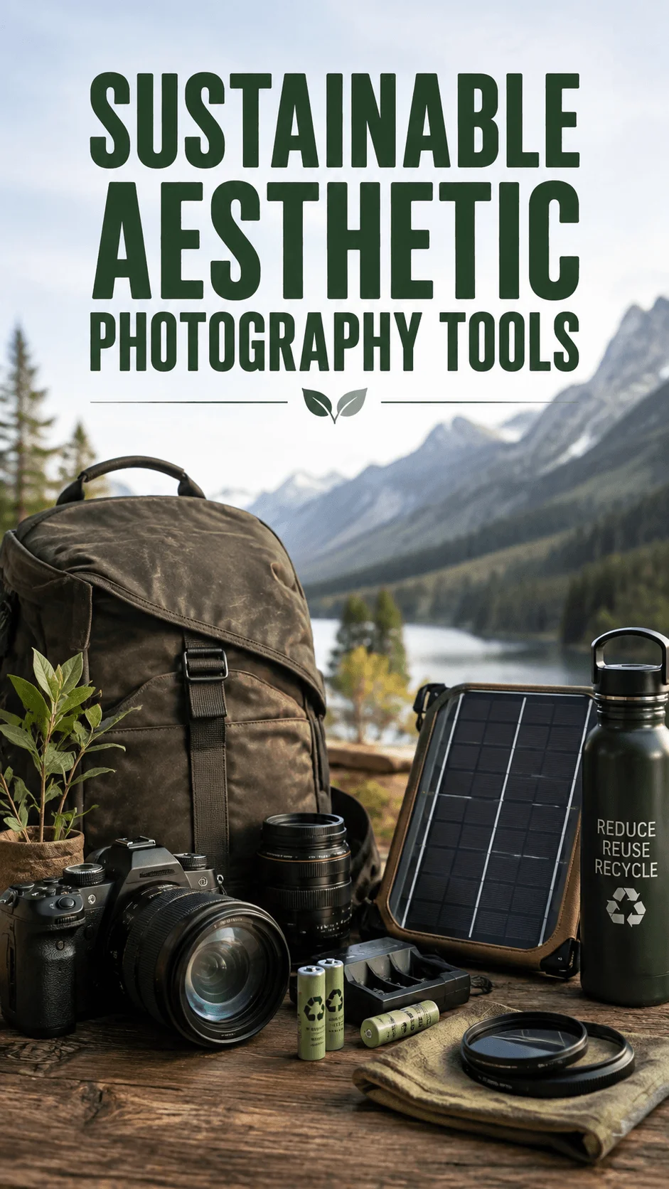 Sustainable aesthetic photography tools with camera, recycled backpack, solar charger, rechargeable batteries and reusable bottle in a mountain landscape
