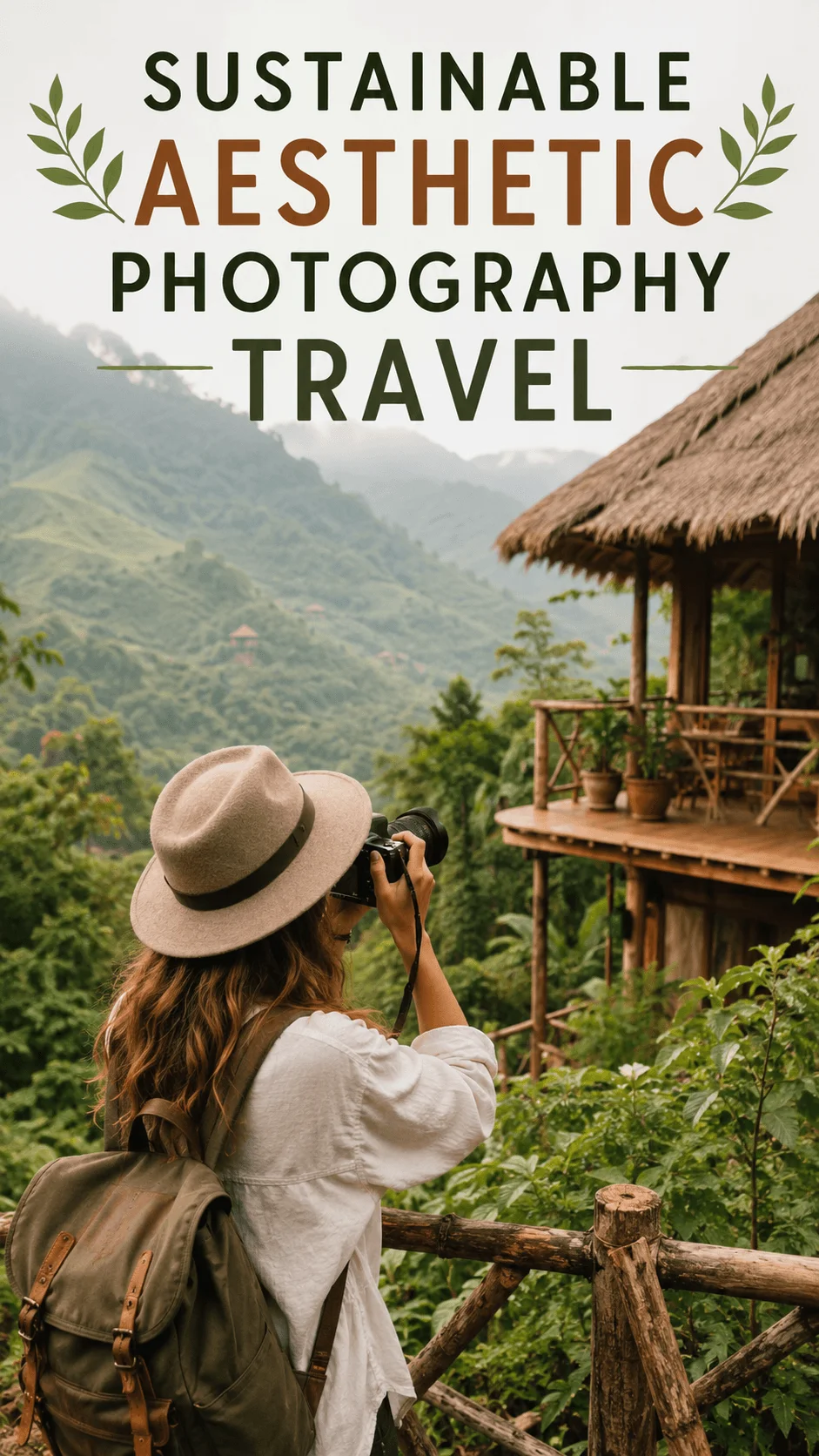 Sustainable aesthetic photography travel with a photographer capturing a lush mountain eco lodge surrounded by tropical greenery