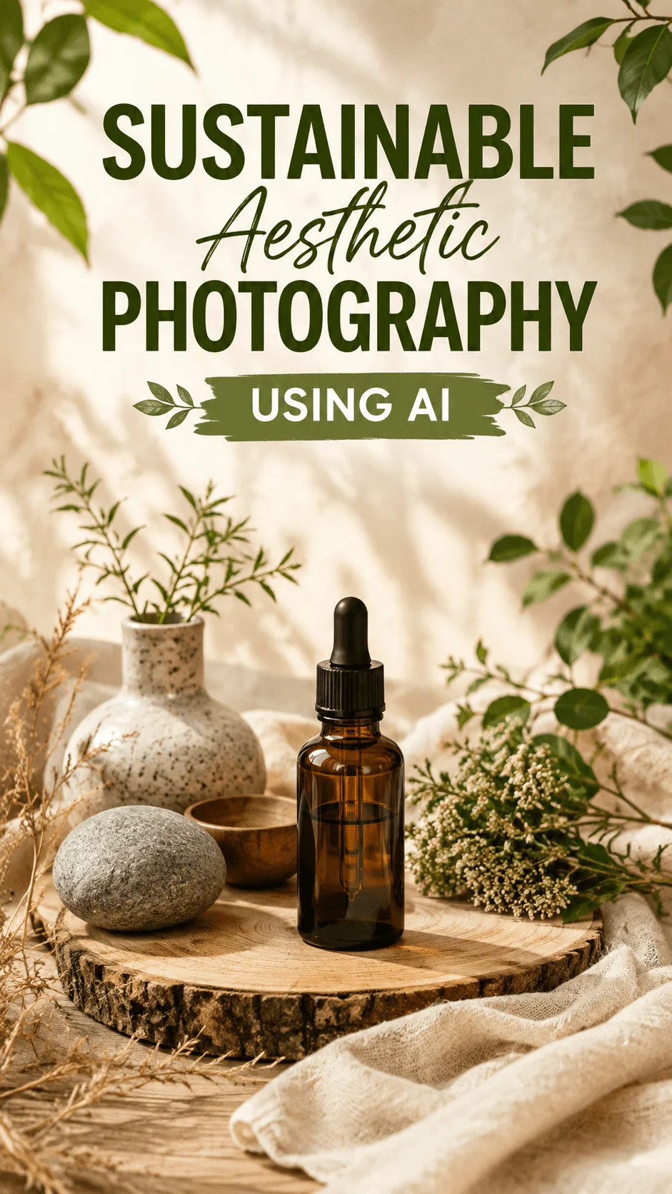 Sustainable aesthetic photography using AI featuring an amber glass dropper bottle with natural plants stone wood and organic textures