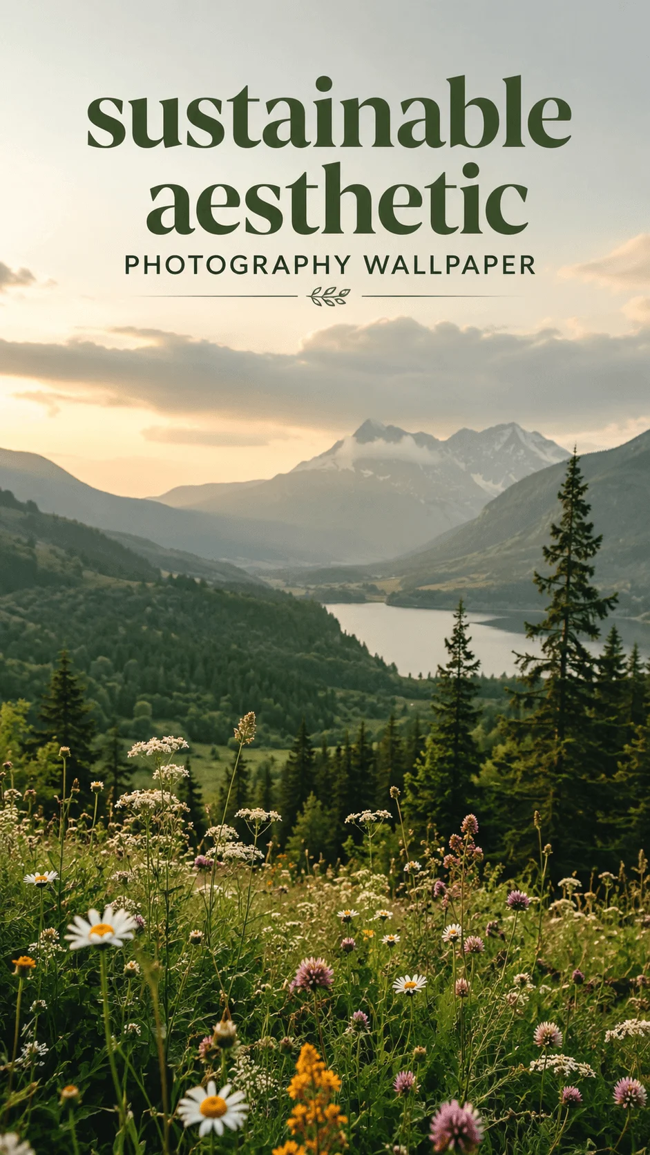 Sustainable aesthetic photography wallpaper featuring a wildflower meadow, evergreen forest, peaceful lake, and distant mountains at sunset