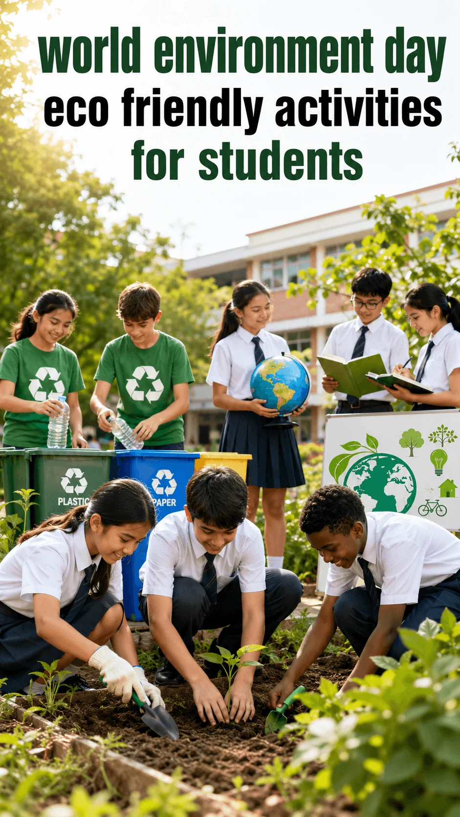 Students participating in World Environment Day eco friendly activities at school including recycling and planting trees