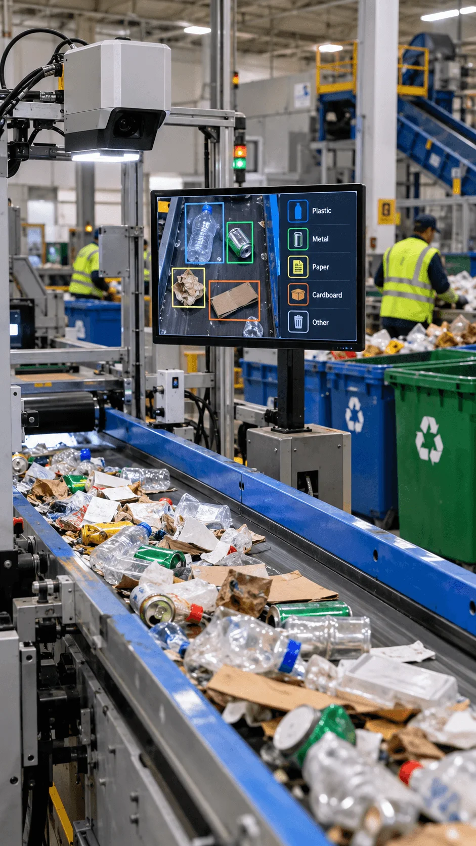 AI powered smart waste sorting system using cameras and computer vision to identify plastic metal paper and cardboard on a recycling facility conveyor belt