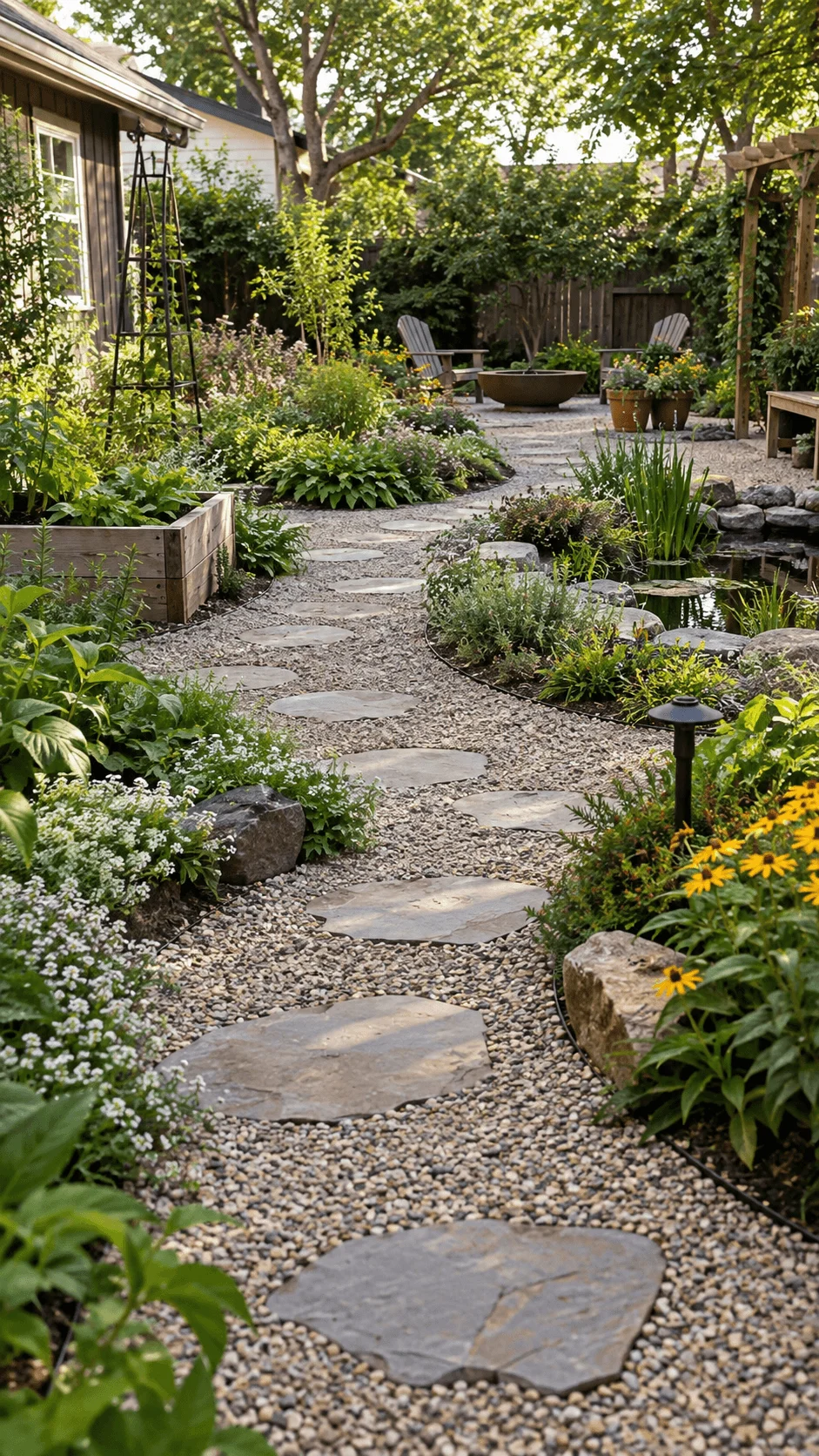 Permeable gravel path with natural stepping stones winding through a lush lawn free garden with flowering plants raised beds a small pond and outdoor seating