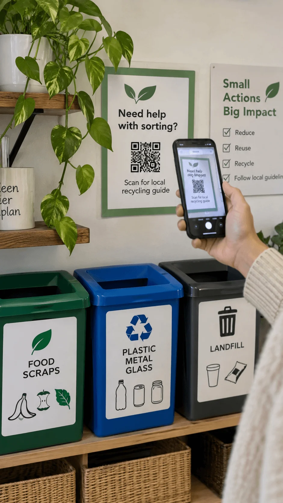 Person scanning a QR code with a smartphone beside labeled food scraps recycling and landfill bins to access a local digital waste sorting guide