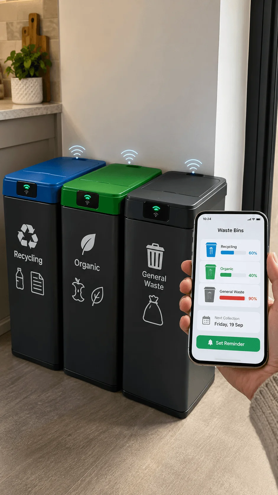 Smart household waste separation system with sensor equipped recycling organic and general waste bins connected to a smartphone app showing bin fill levels