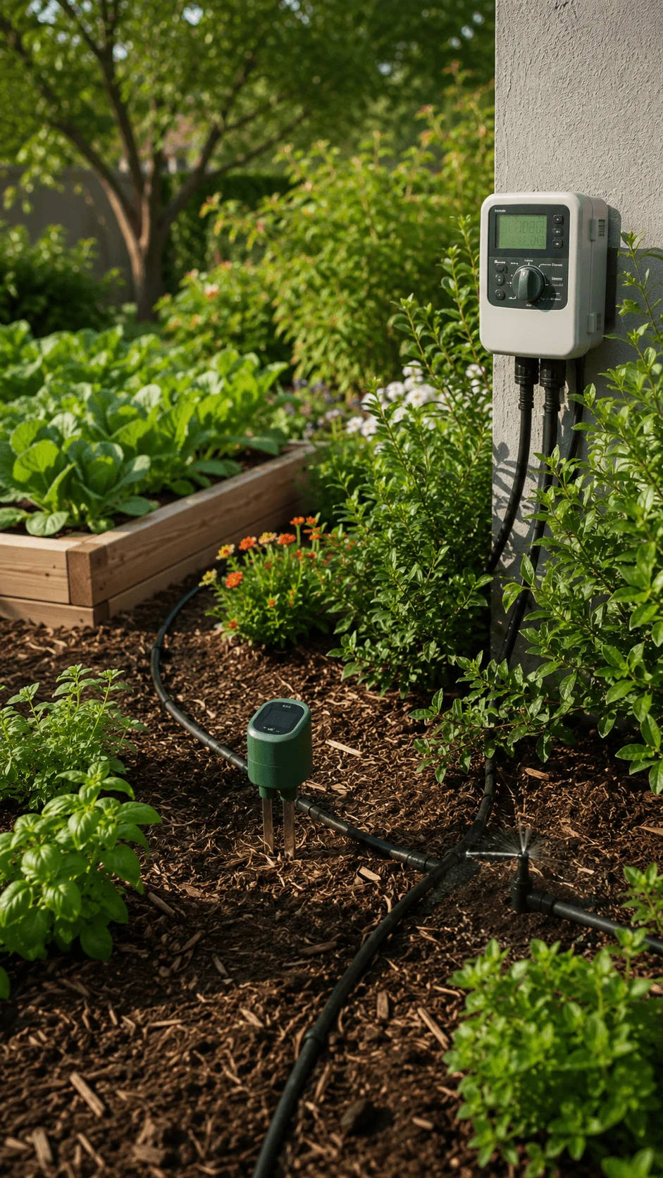 Smart water saving irrigation system with drip lines soil moisture sensor raised vegetable bed and automatic garden watering controller