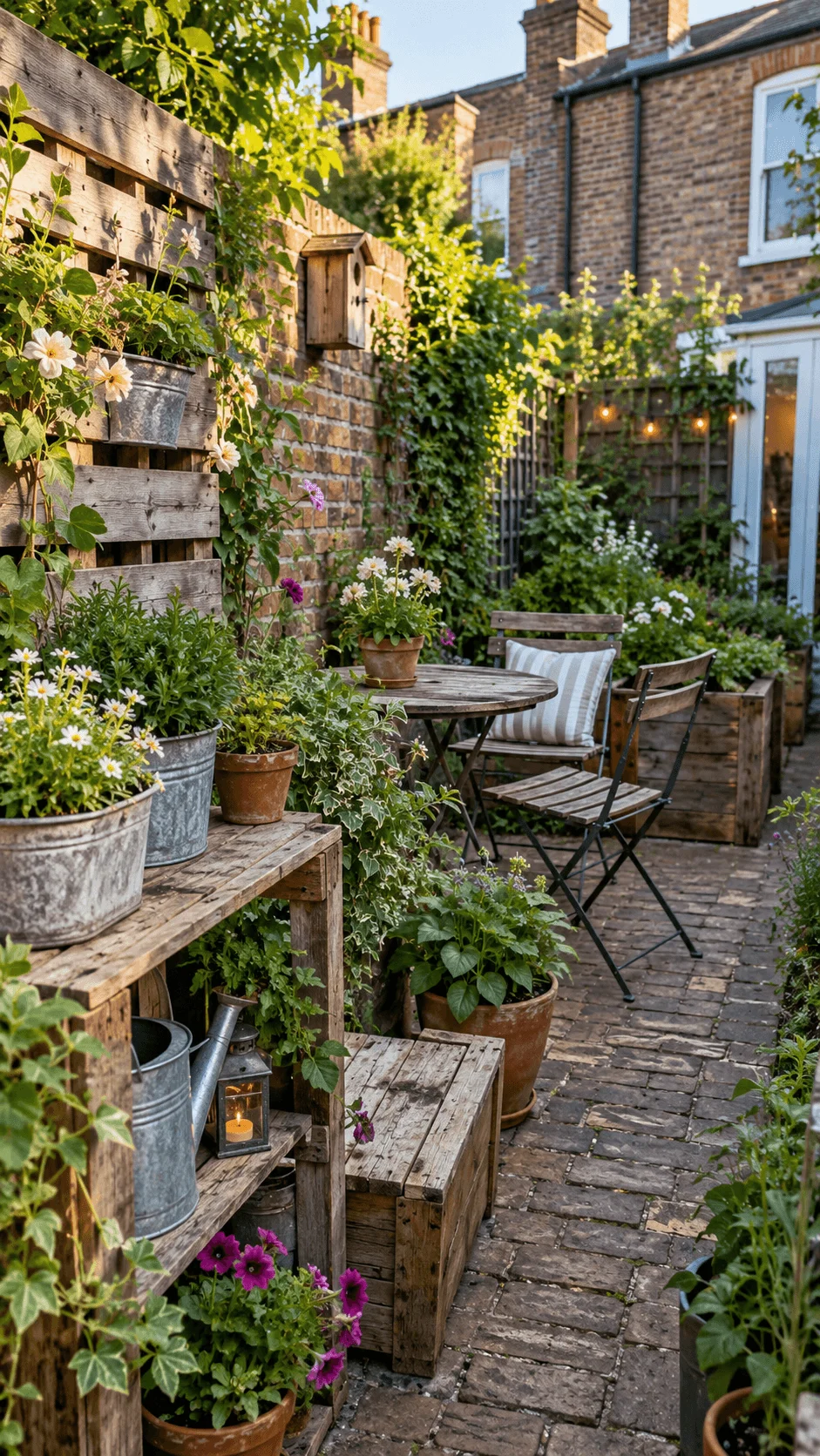 Upcycled terraced house garden with reclaimed wooden furniture rustic planters climbing flowers brick paving birdhouse and cozy outdoor seating