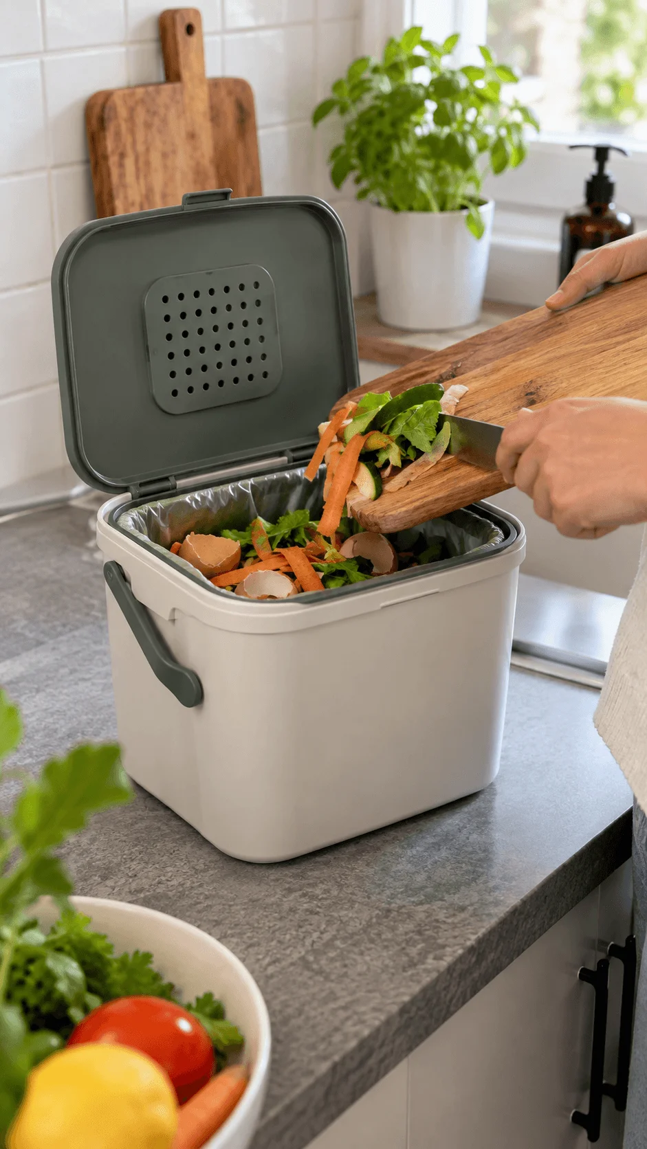 Dedicated kitchen food waste sorting bin collecting vegetable peelings eggshells and other food scraps during meal preparation