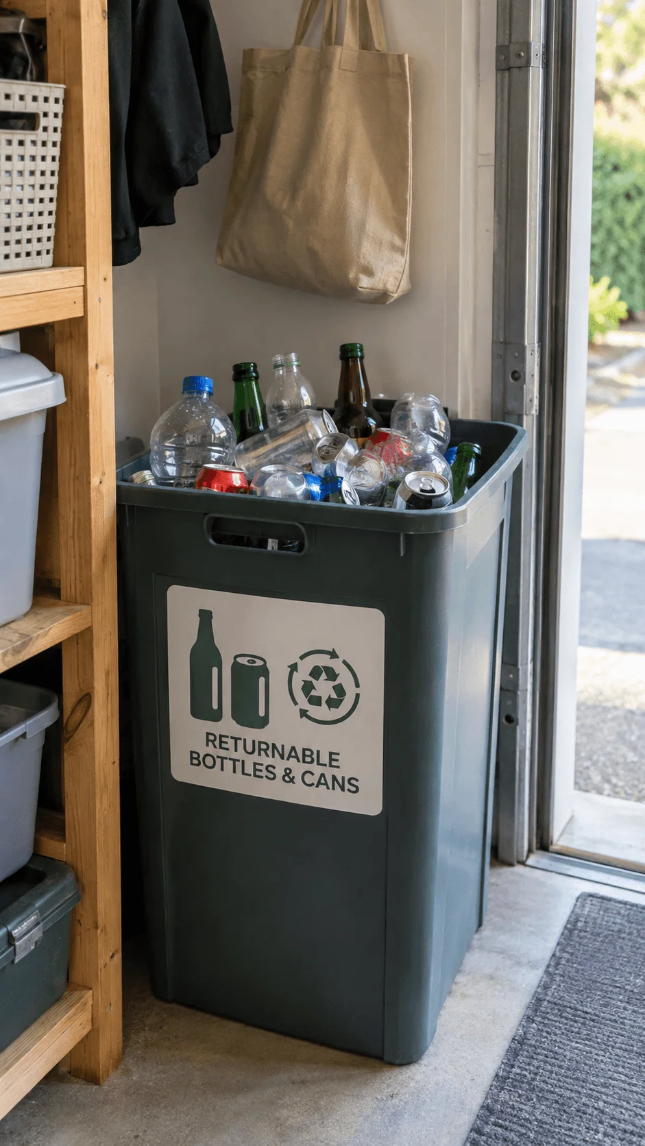 Deposit return station with a large container holding returnable bottles and cans near a home entrance for convenient recycling.