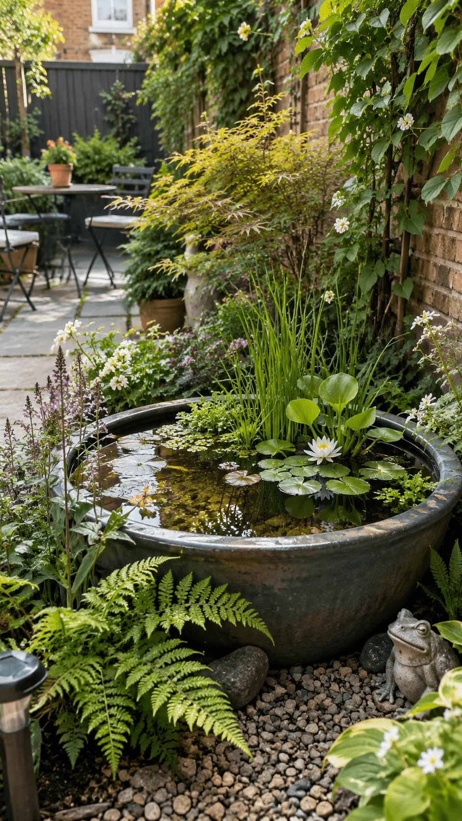 Mini wildlife container pond with water lilies aquatic plants ferns flowers and natural wildlife friendly planting in a narrow terraced house garden