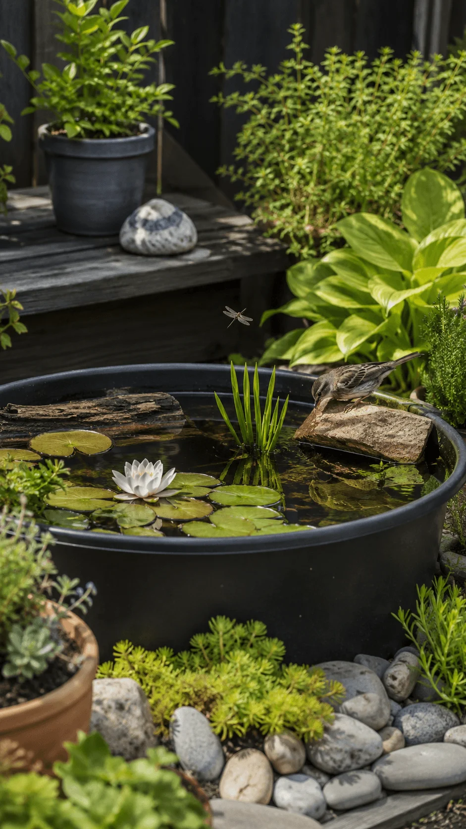Mini wildlife pond in a black container with water lilies, aquatic plants, natural stones, driftwood, a small bird and dragonfly surrounded by lush garden plants