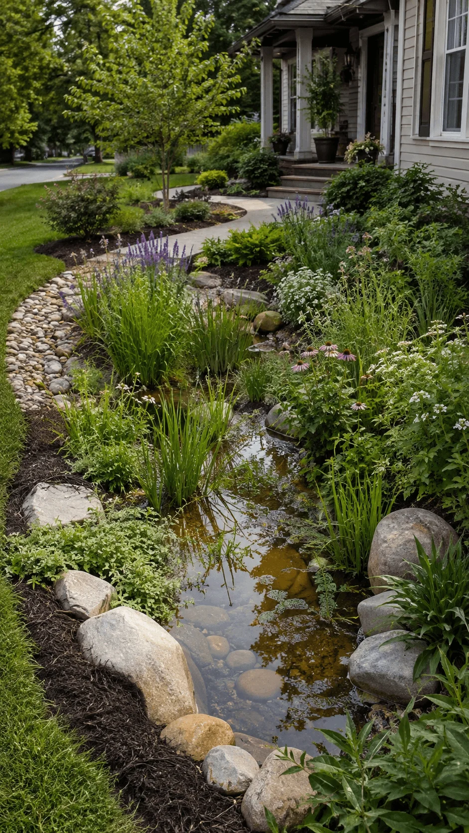 Modern front yard rain garden with native plants natural rocks shallow water feature and lush greenery beside a residential walkway