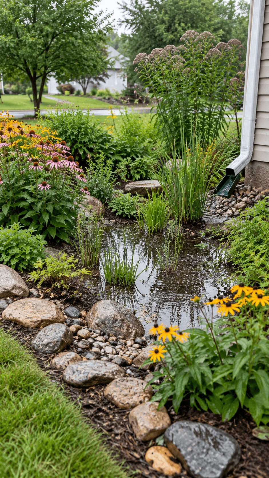 Natural rain garden with native flowers, wetland plants, rocks and a downspout directing rainwater into a shallow planted drainage area