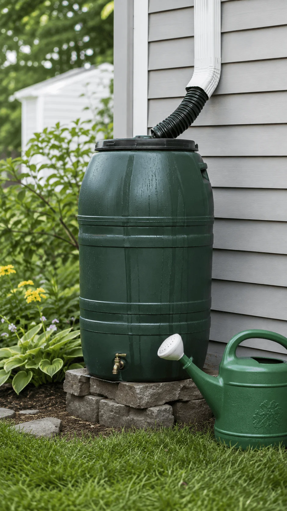 Rain barrel connected to a house downspout with watering can for eco friendly garden water collection