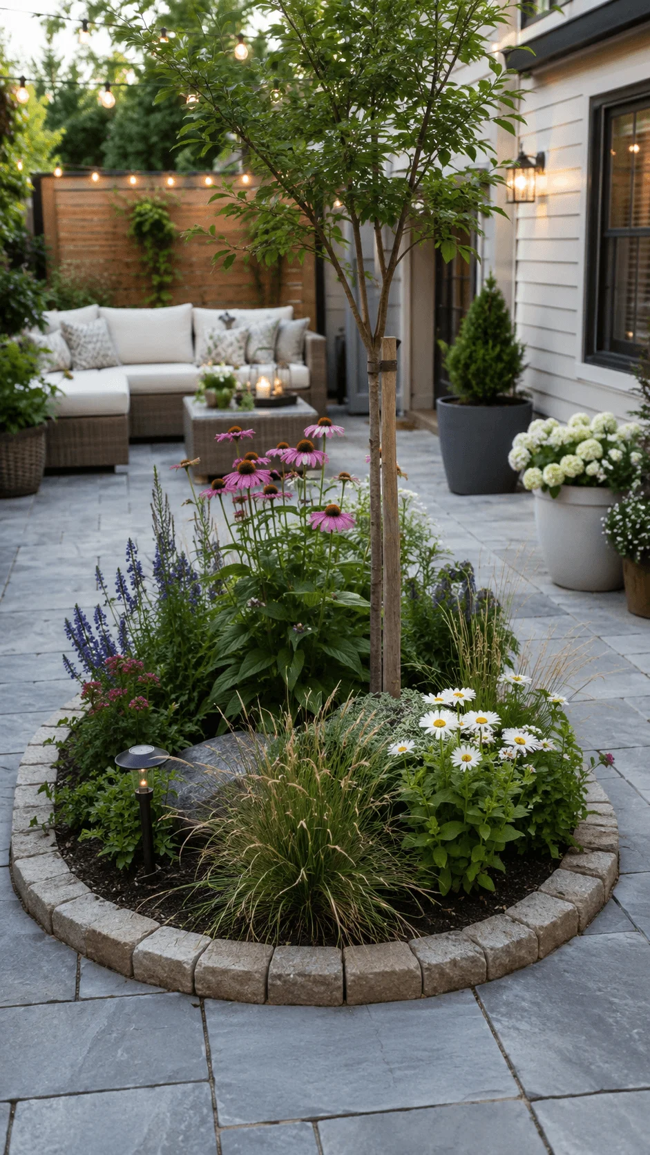 Small patio planting island with a young tree, purple coneflowers, white daisies, ornamental grasses and flowering plants surrounded by stone edging