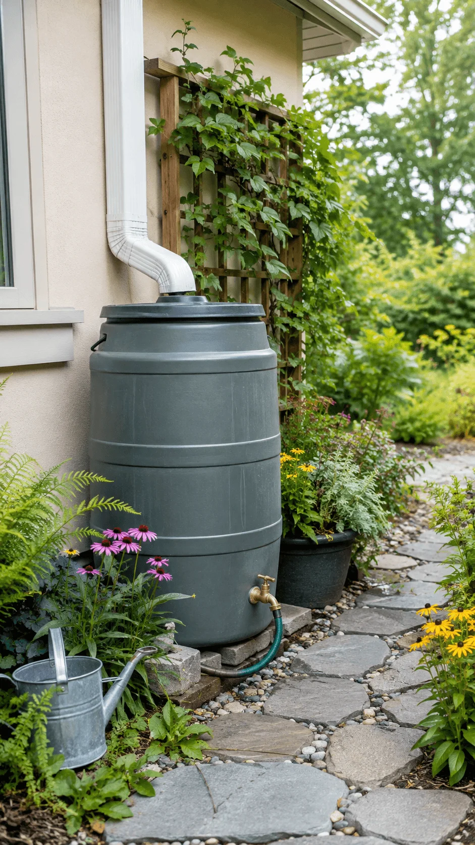 Stylish rainwater harvesting barrel connected to a house downspout beside flowering plants a stone garden path and a watering can