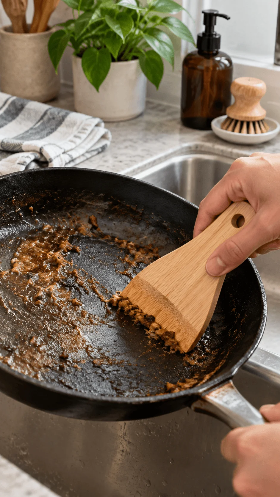 Bamboo pot scraper removing stubborn food residue from a frying pan beside a kitchen sink with natural cleaning tools and reusable cloths.