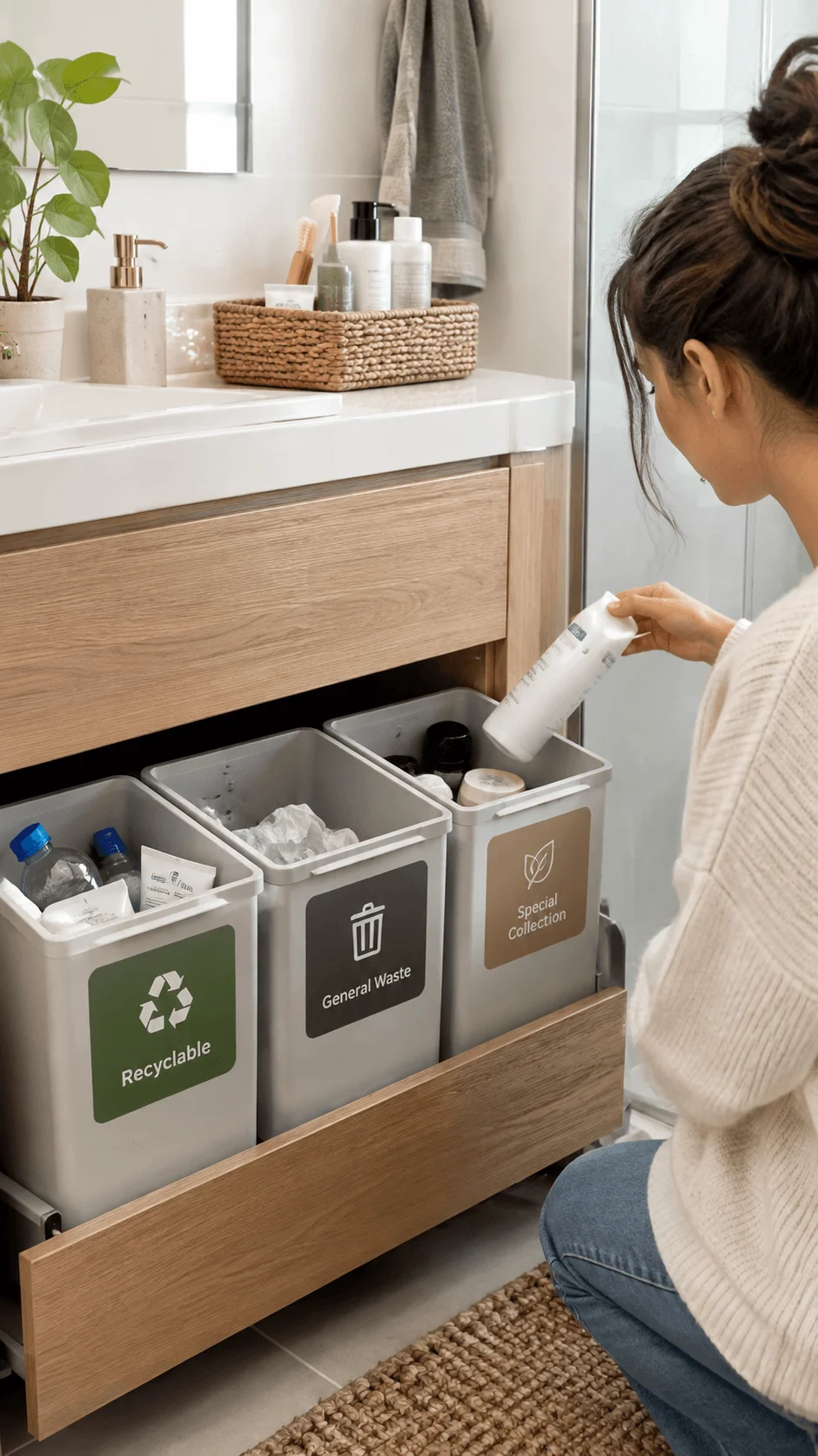Bathroom recycling station with separate bins for recyclable materials, general waste and special collection items beside a bathroom vanity