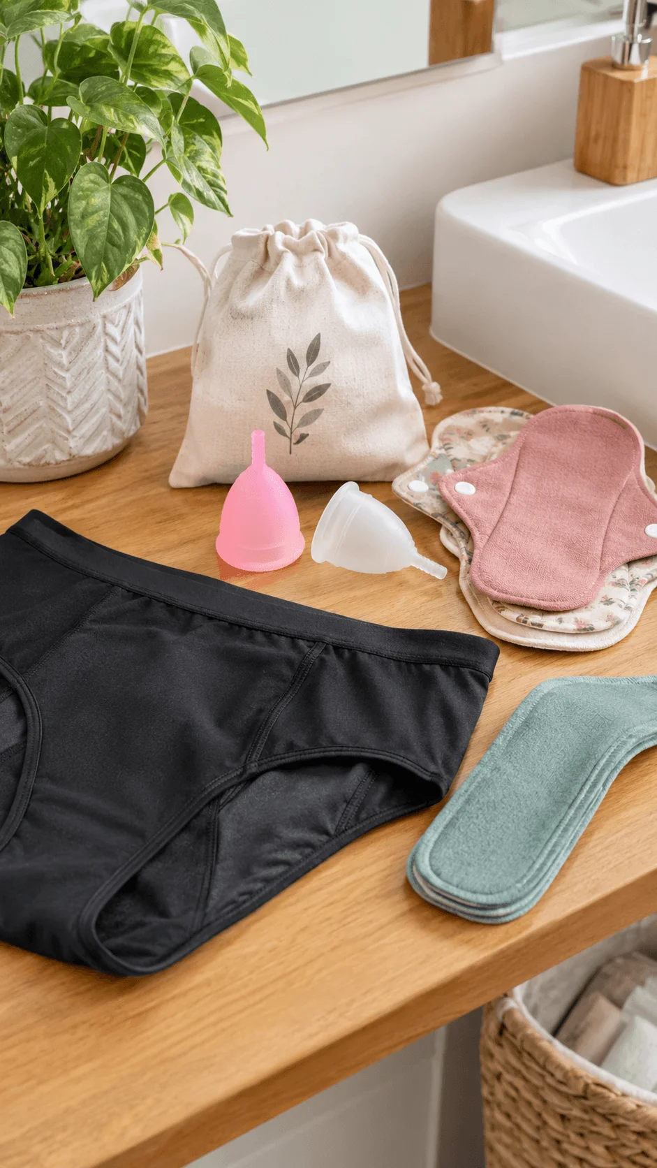 Reusable period products including menstrual cups, washable pads and period underwear arranged on a bathroom counter with a cotton storage bag and green plant