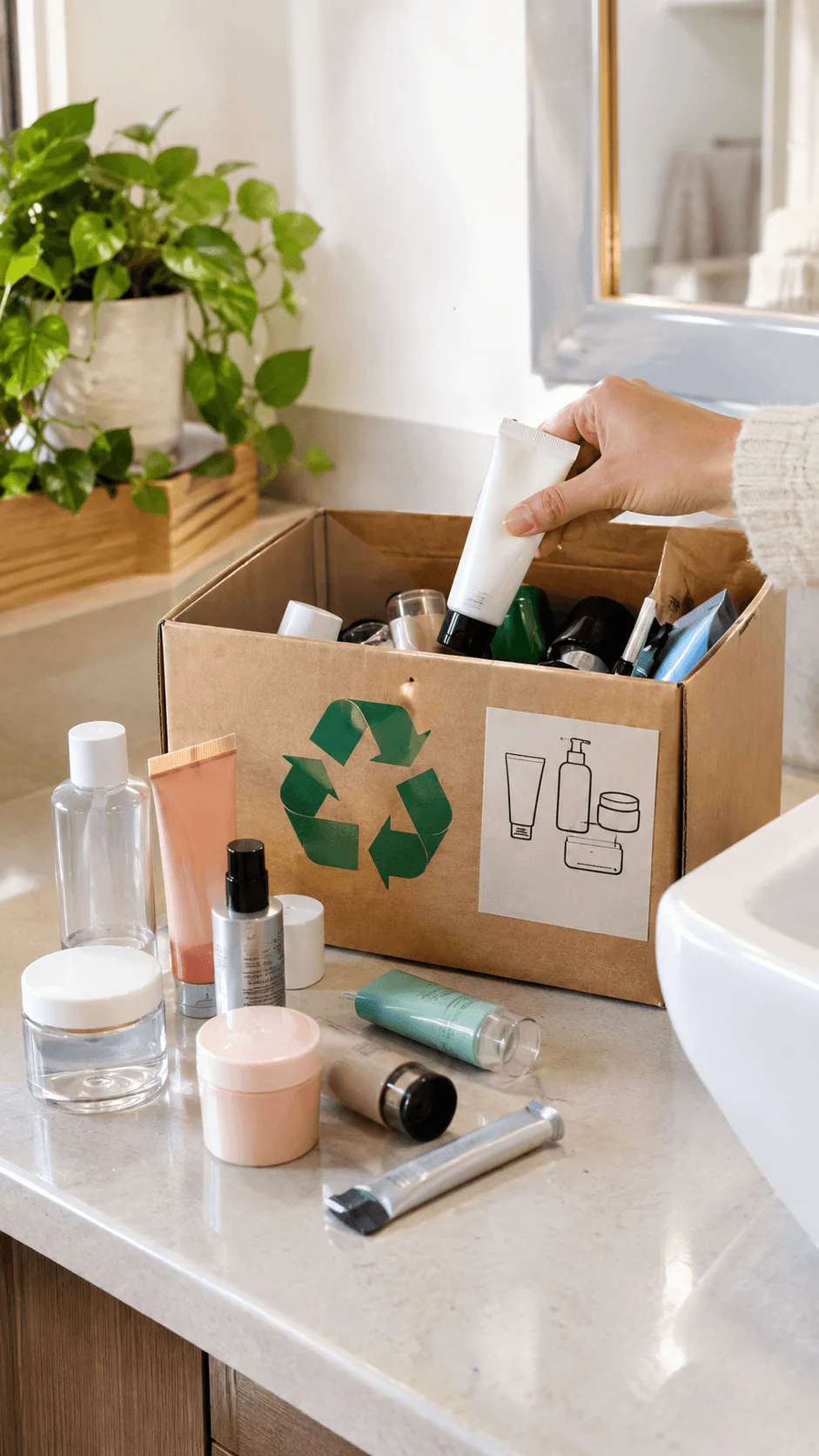 Beauty product recycling box filled with empty bathroom containers, tubes, bottles and jars ready for recycling