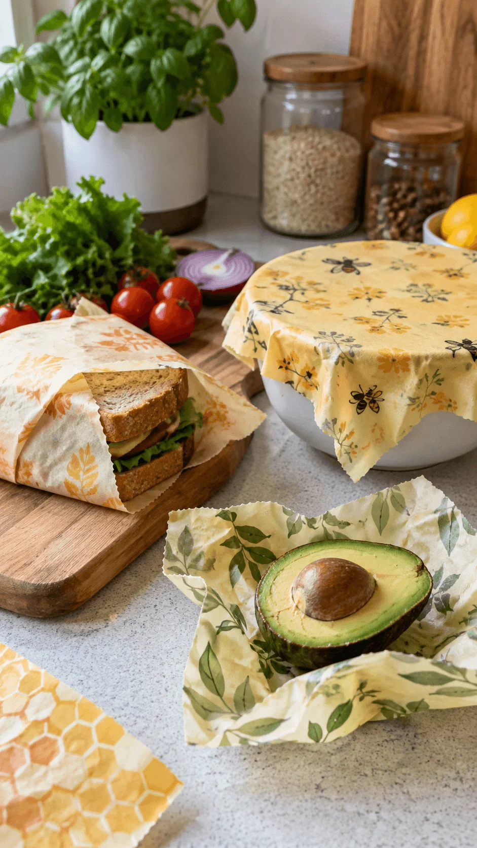 Beeswax food wraps covering a sandwich bowl and avocado as reusable plastic free food storage alternatives in a sustainable kitchen