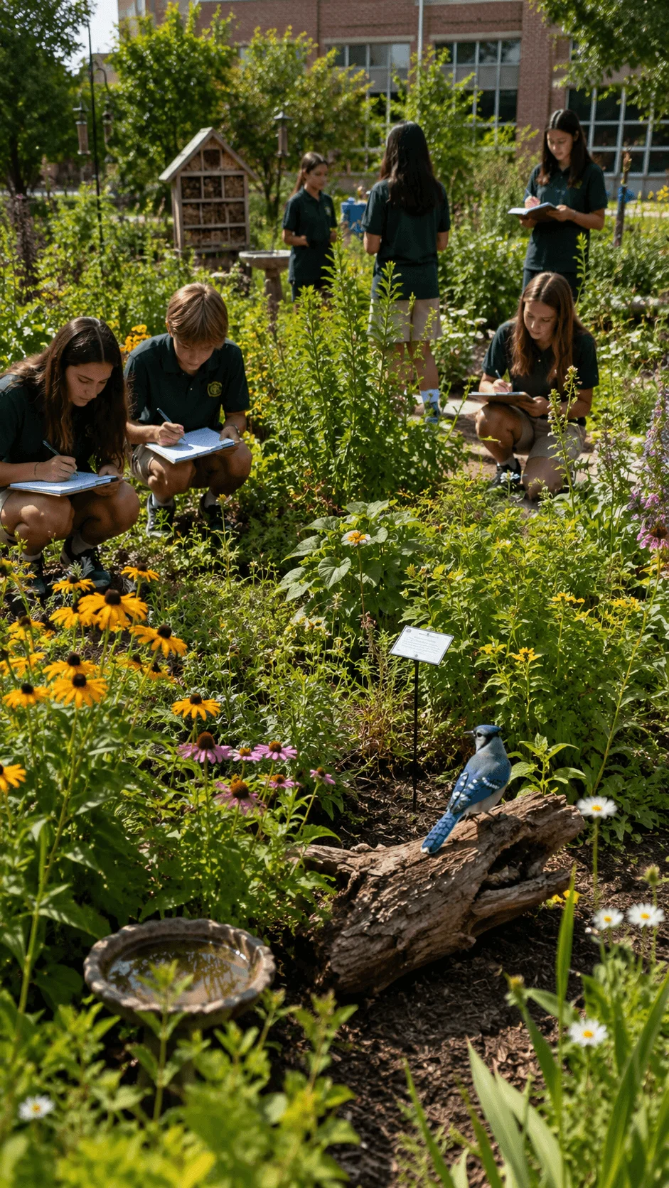 High school students observing and recording plants birds and wildlife in a biodiversity garden with native flowers and habitat features