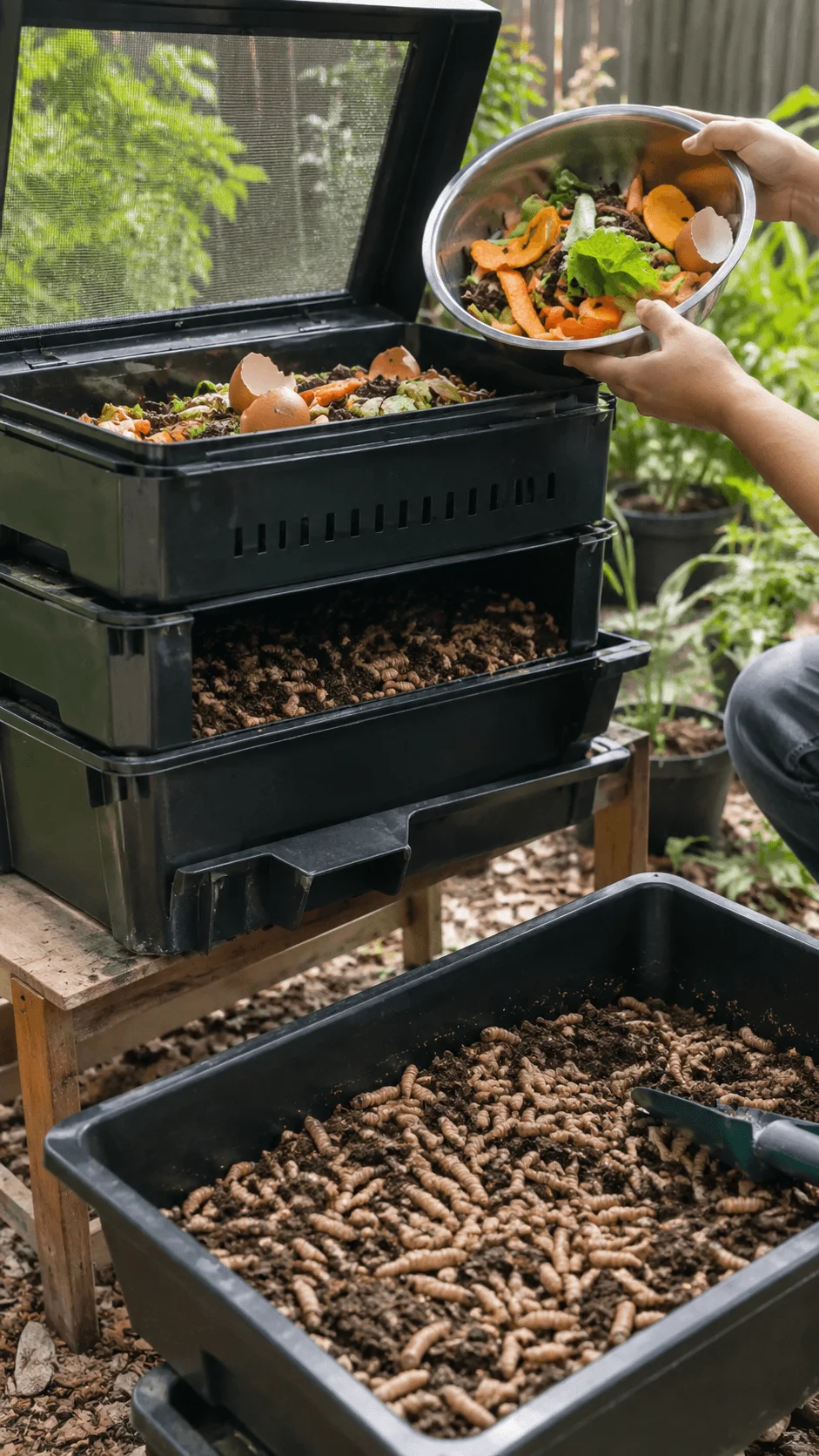 Black soldier fly larvae recycling food waste in stacked composting bins with kitchen scraps added to an outdoor organic waste system