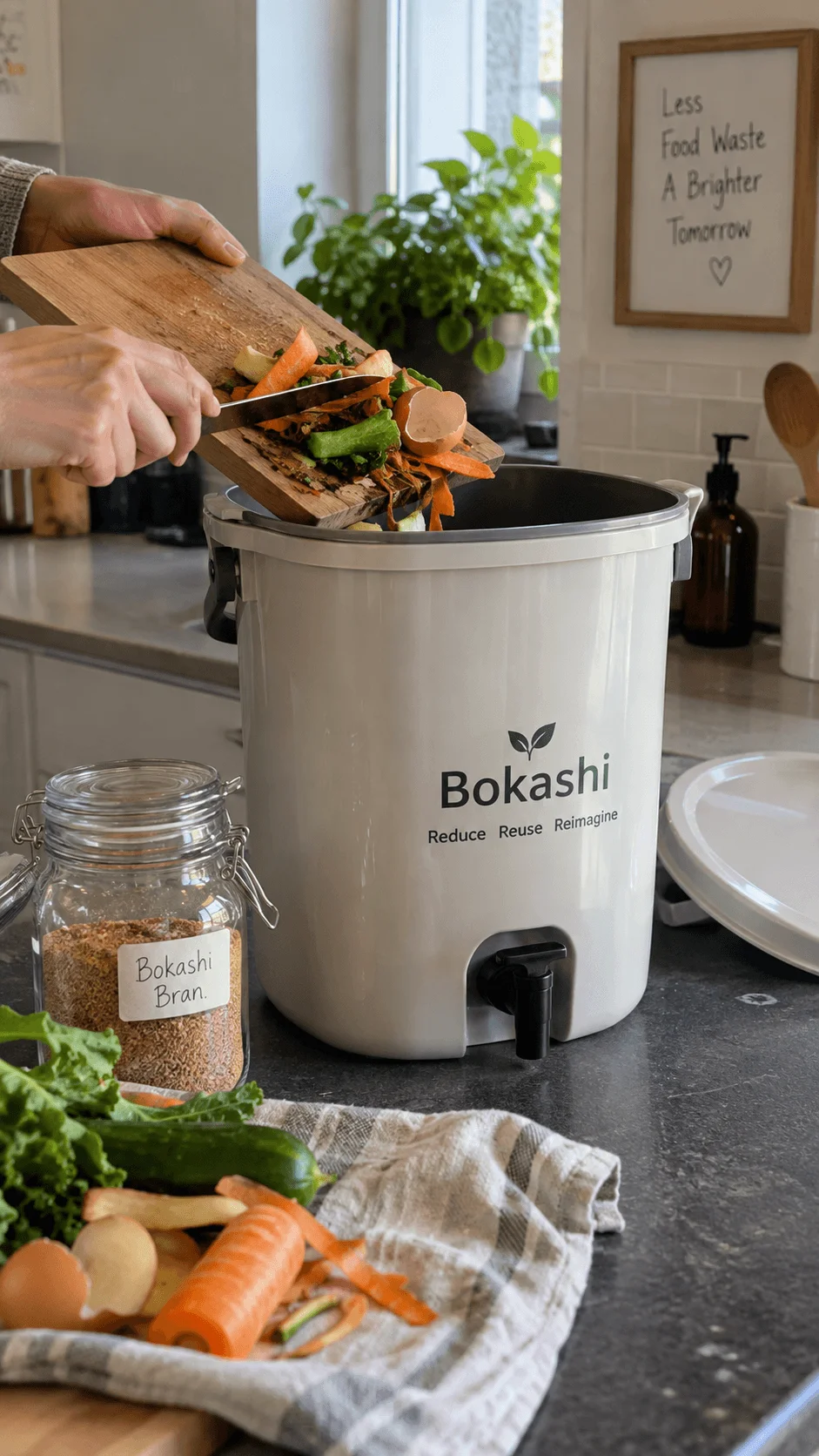 Bokashi kitchen waste composting system with food scraps being added to a sealed bucket beside Bokashi bran for eco friendly household food waste management