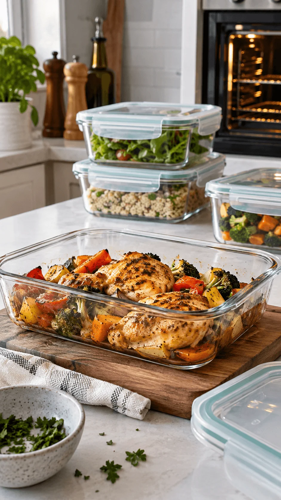 Borosilicate glass freezer to oven containers filled with roasted chicken vegetables grains and fresh salad in a bright modern kitchen