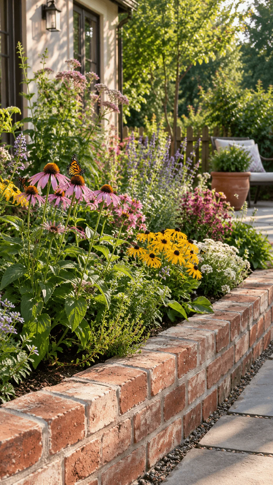 Brick raised pollinator garden filled with colorful coneflowers black eyed Susans and other blooming plants attracting butterflies beside a sunny patio