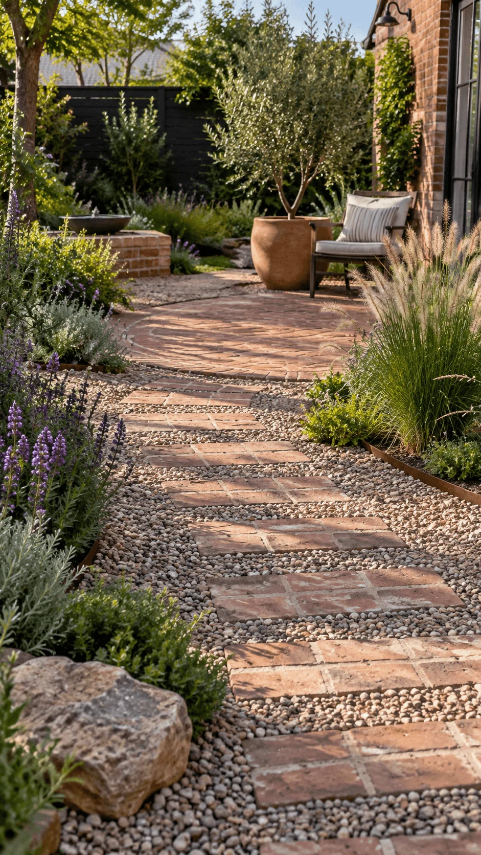 Brick and gravel climate resilient garden with reclaimed brick stepping stones ornamental grasses flowering plants herbs and drought tolerant landscaping