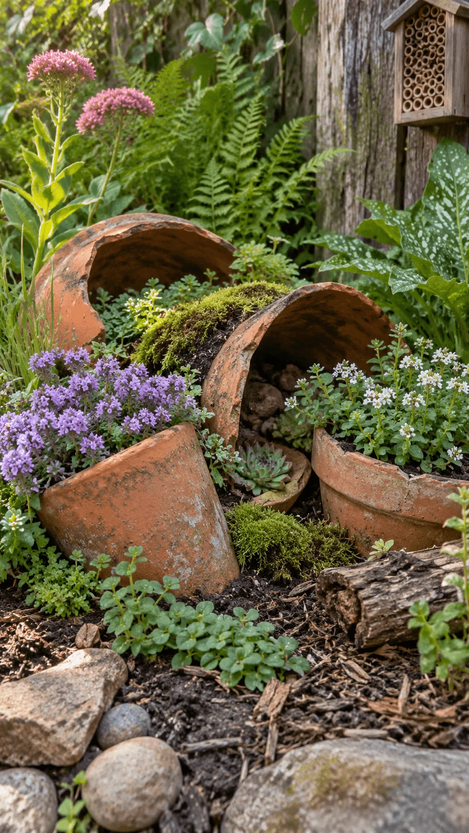 Broken terracotta pots arranged as a wildlife friendly garden feature with moss succulents flowering plants stones natural wood and a small insect hotel surrounded by lush greenery