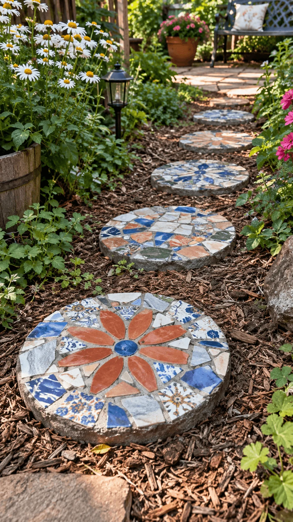 Broken tile mosaic stepping stones with colorful ceramic pieces arranged in floral patterns along a rustic garden path surrounded by daisies and lush flowering plants