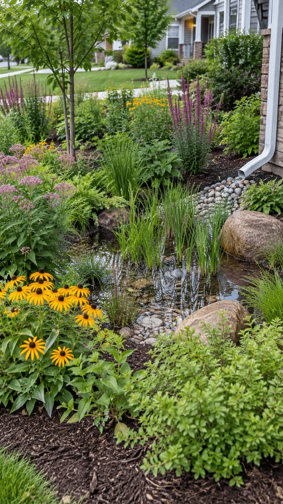 Low maintenance rain garden with native flowering plants, ornamental grasses, natural rocks, shallow water collection area, and a downspout directing rainwater into the garden