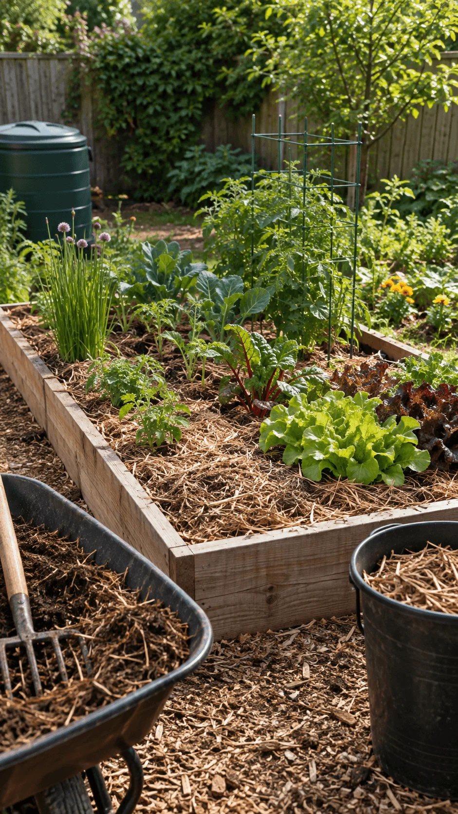 No dig raised garden bed with vegetables, herbs, organic mulch, compost, gardening tools and a rain barrel in a sustainable backyard garden