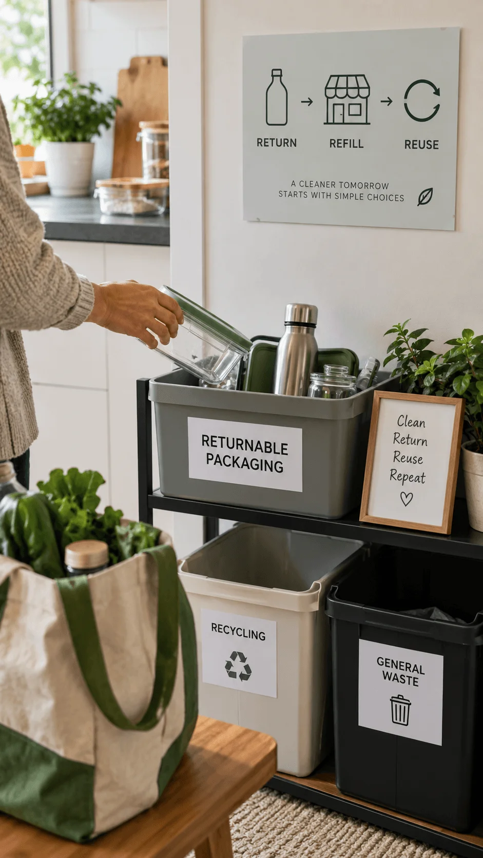 Person placing reusable glass containers into a returnable packaging station with separate recycling and general waste bins in an eco friendly home