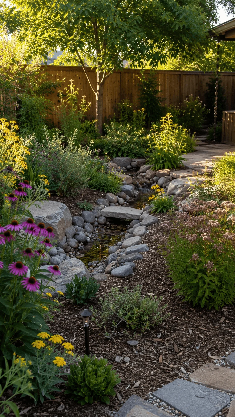 Climate resilient backyard garden with native flowers drought tolerant plants mulch stone water channel and mature shade tree